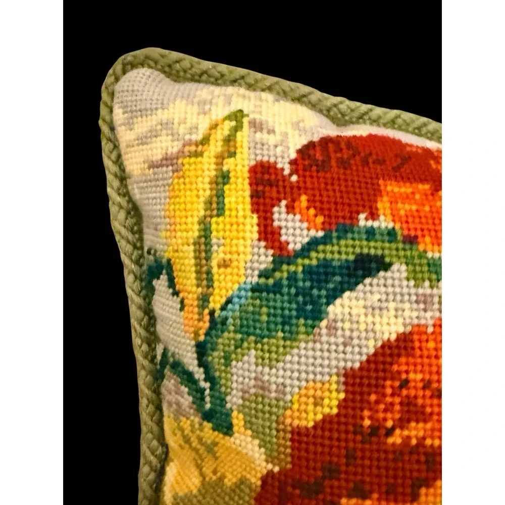 Handmade Needlepoint Hibiscus Throw Pillow 15x15 Tropical Floral Coastal Decor